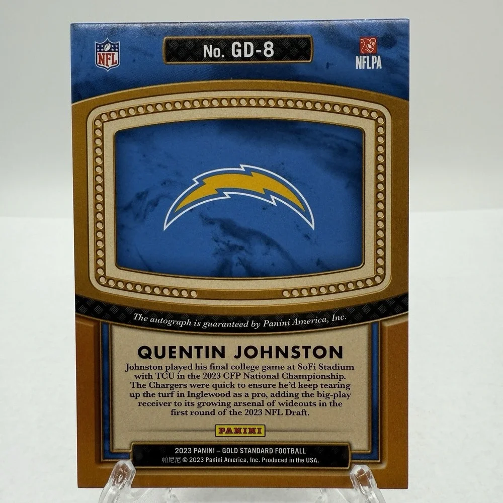 2023 Gold Standard Quentin Johnston Golden Debuts Auto /99 RC Chargers